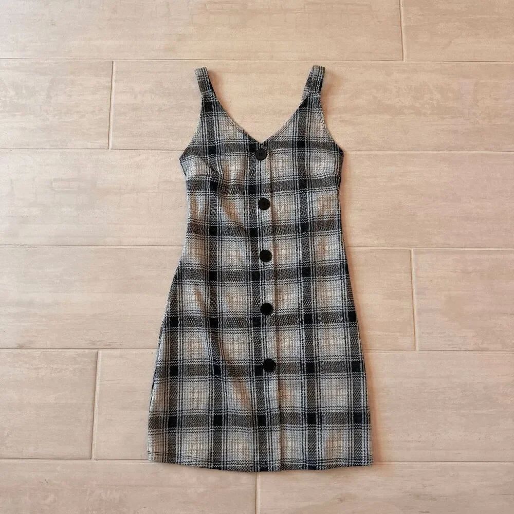 Popular Basics Mini Dress 90s Plaid Sleeveless Button Stretchy Clueless Medium
